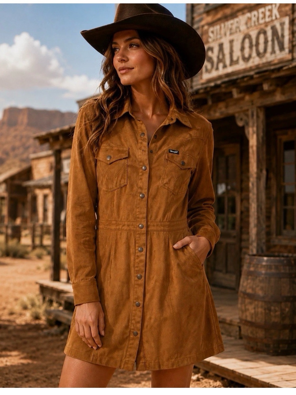 Wrangler Retro Faux Suede Button Up Dress, Western, Cowgirl, Concert, #799CL